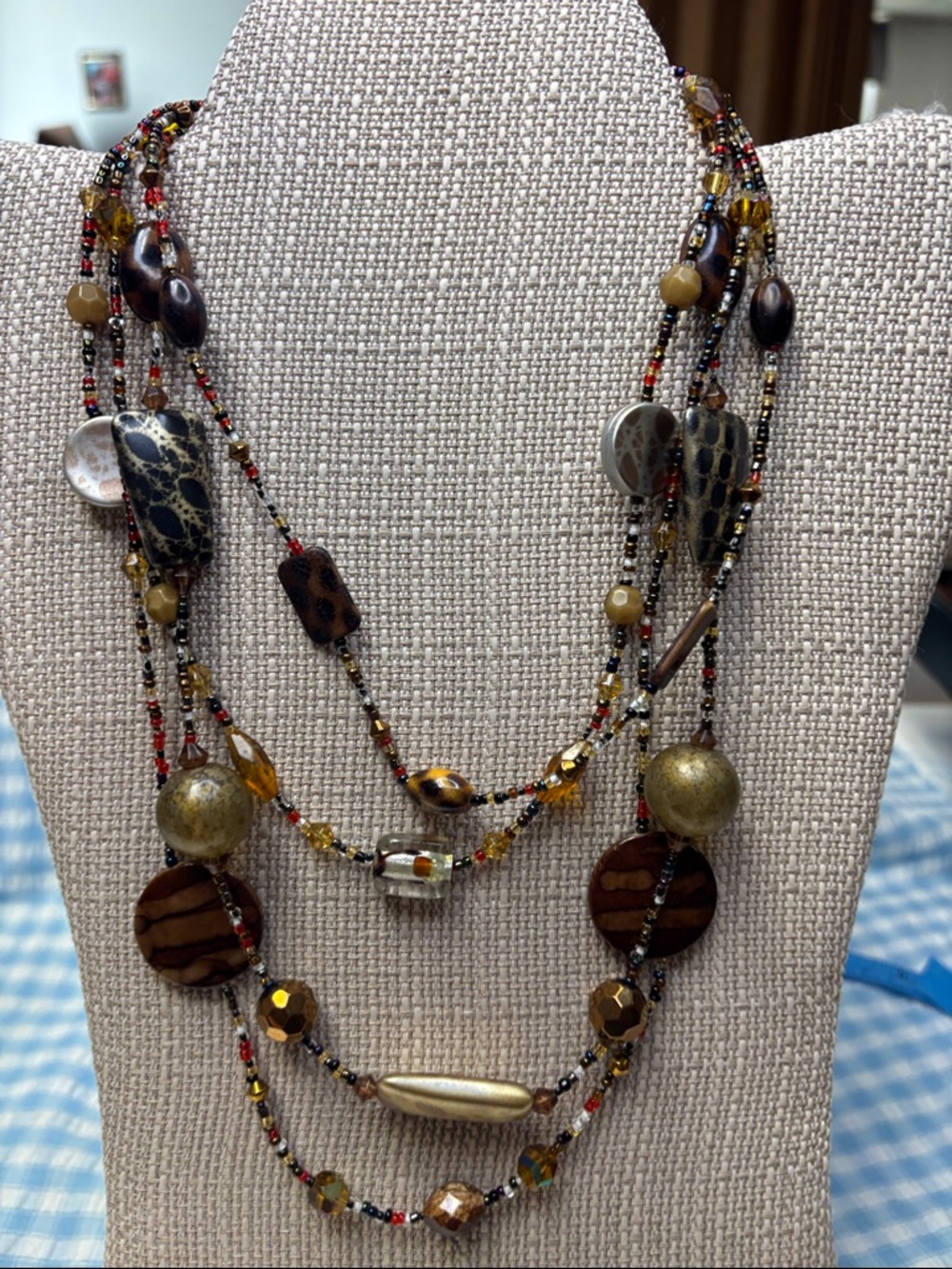 Multi-Strand Brown and Gold Beaded Layered Necklace